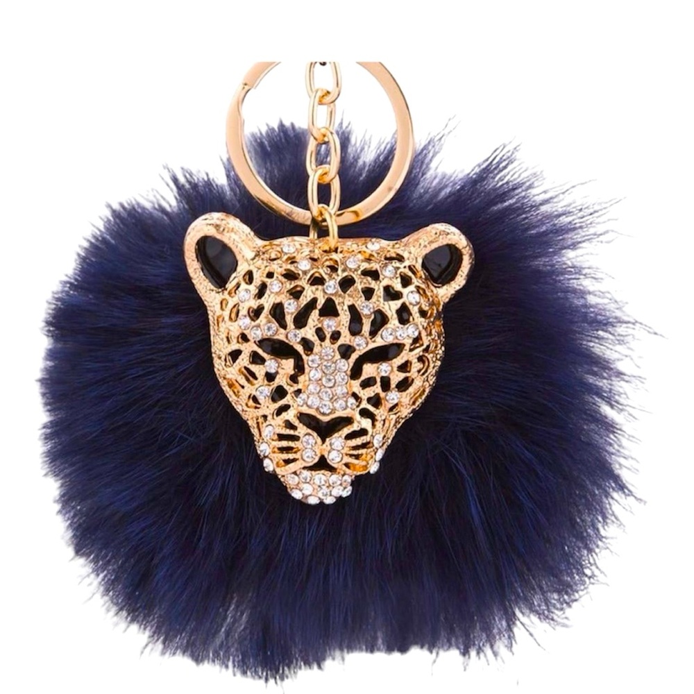 Leopard pompom bag charm key ring navy blue